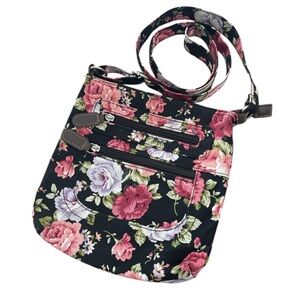 Black and Pink Floral 100% Cotton Full Zip Crossbody with Two Front Pockets
